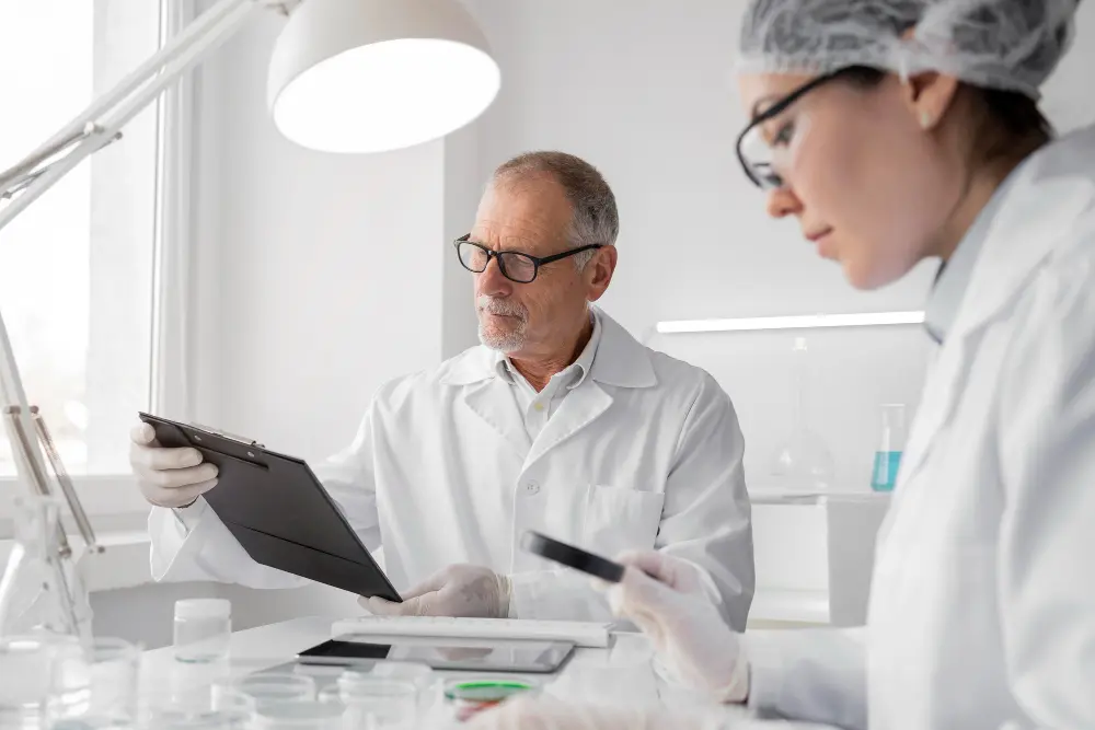 Two specialists working on a QMS for medical devices.
