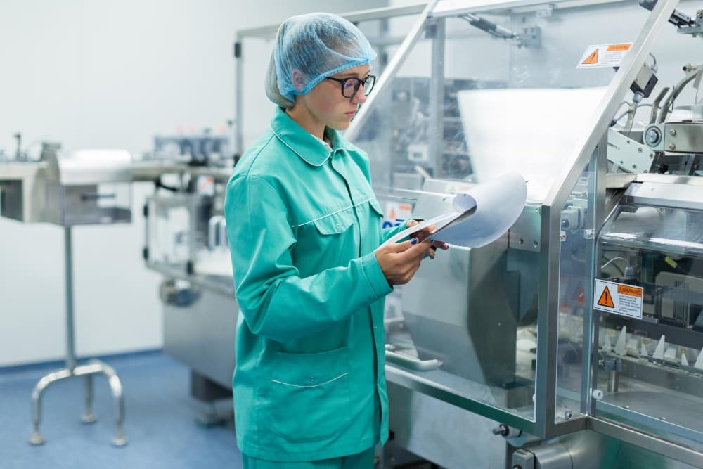 Young woman in a manufacturer environment. She is checking the data, on a quality control process.