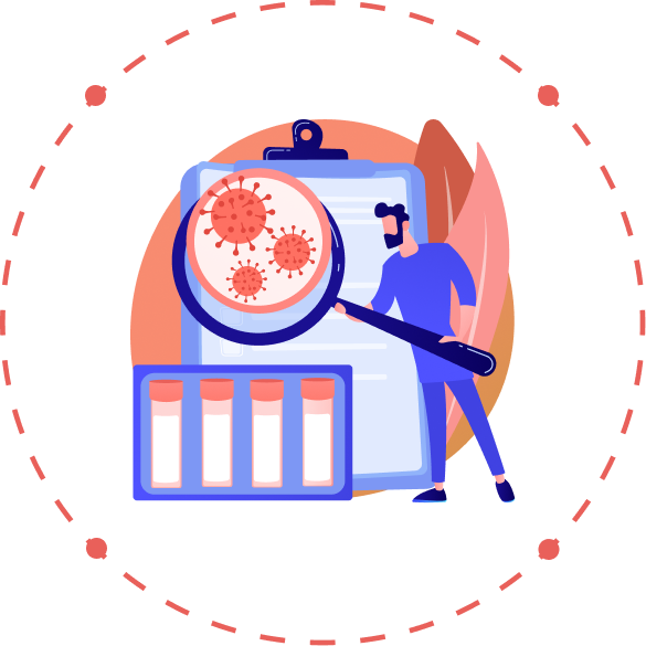 Here’s the translation: Illustration of a man holding a magnifying glass. Inside the magnifying glass, virus-like elements are highlighted. In the background, a clipboard with documents. Around these items, there is a dotted circle. It represents the complexities of IVD regulation.
