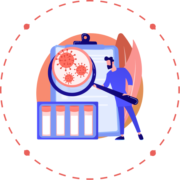 Here’s the translation:Illustration of a man holding a magnifying glass. Inside the magnifying glass, virus-like elements are highlighted. In the background, a clipboard with documents. Around these items, there is a dotted circle. It represents the complexities of IVD regulation.