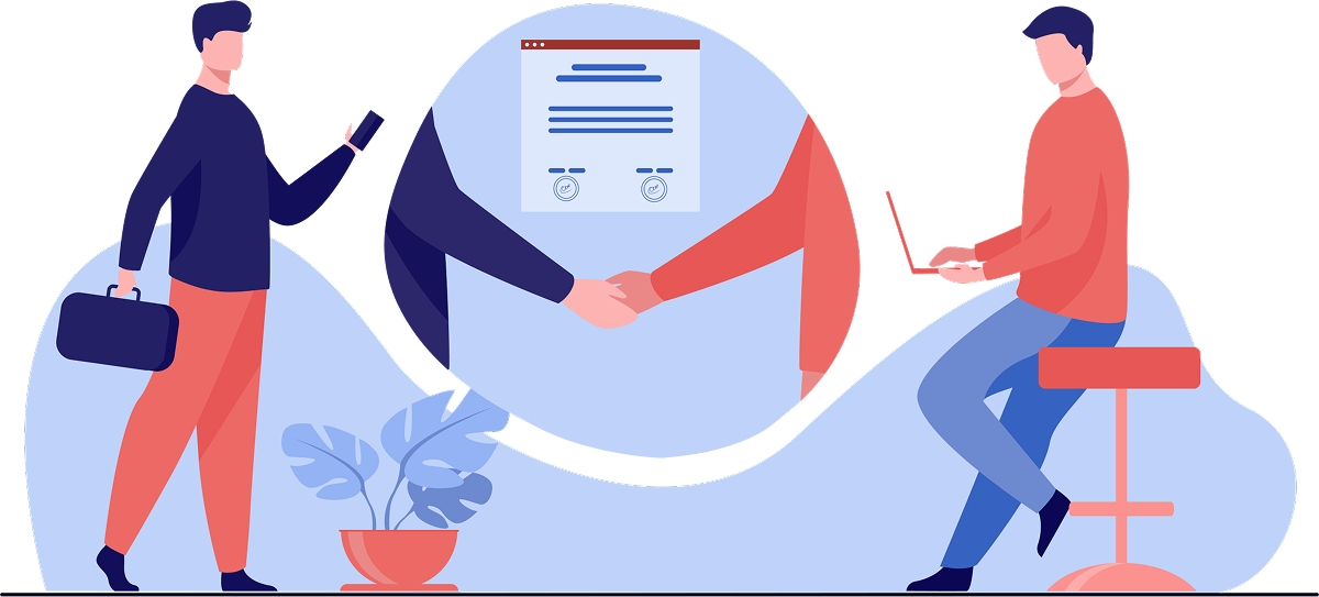 Representative illustration of an IVD regulatory service contract. Two characters shaking hands. In the background, a drawing of a contract.