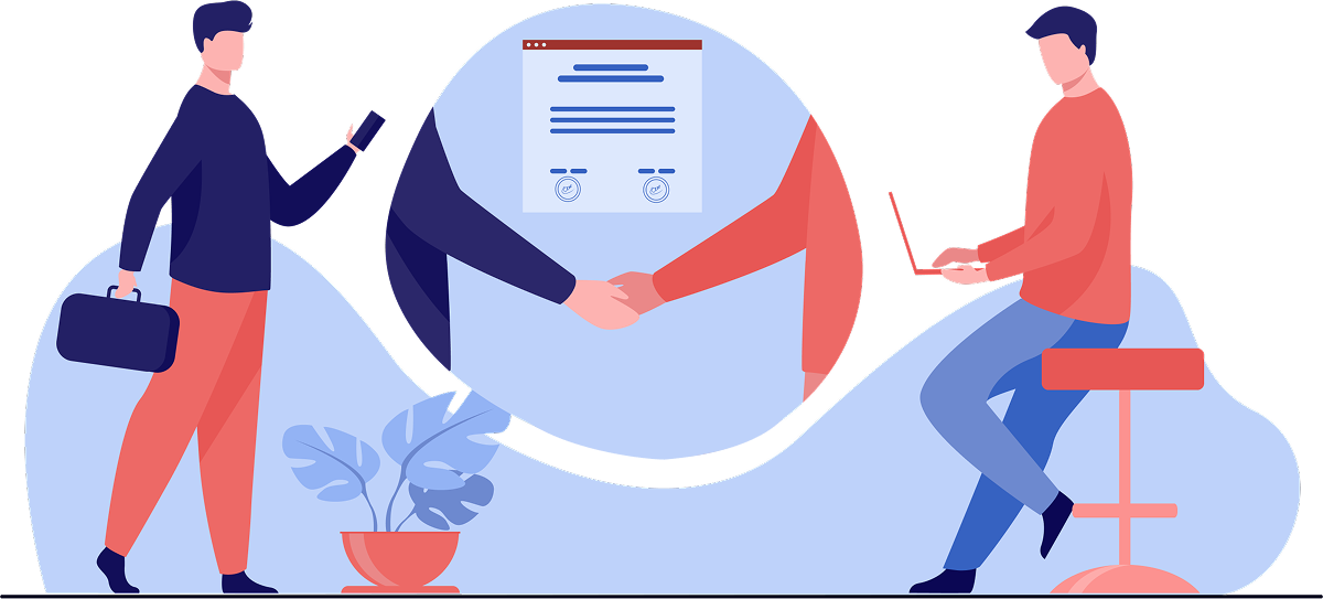 Representative illustration of an IVD regulatory service contract. Two characters shaking hands. In the background, a drawing of a contract.