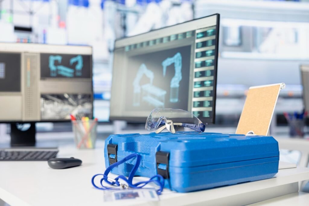 The image shows a modern workspace, likely in a laboratory or engineering environment. In the foreground, there is a blue hard plastic case with safety goggles resting on top. A blue lanyard with an ID badge is placed next to it. In the background, two computer monitors display 3D models or technical drawings of robotic arms. The workspace also includes a keyboard, mouse, and a cup holding colored pens, all set on a clean white desk. The scene conveys a professional and organized environment focused on design, testing, or manufacturing technology.