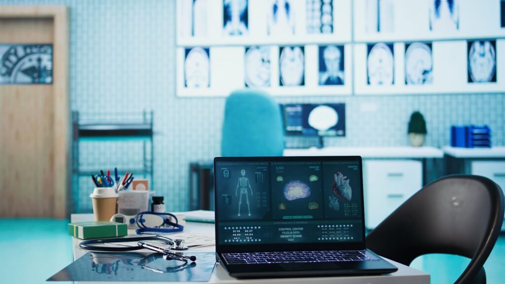 Medical office with a laptop showing results.