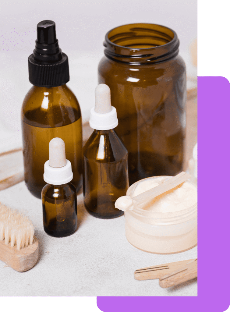 Cosmetic products in amber bottles. Regulatory Affairs Cosmetics.