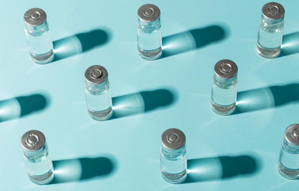 Tubes de solution saline, côte à côte, sur fond bleu.