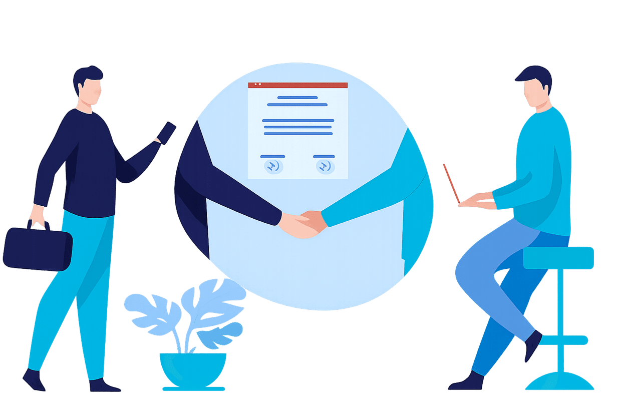Illustration of two people doing business. They shake hands and there is a drawing of a document. On the sides, on one side, an illustration of a man holding a bag and, on the other, a man sitting writing on a laptop.