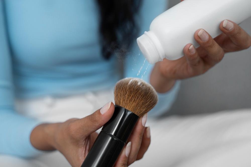 Hands of a woman applying powder on a make up brush.