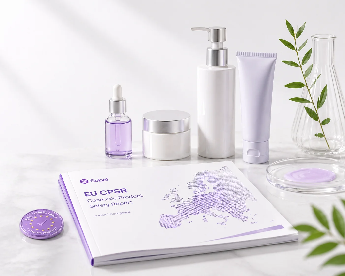 A workbench with cosmetic products on it. There is also a document representing the CPSR of Europe.