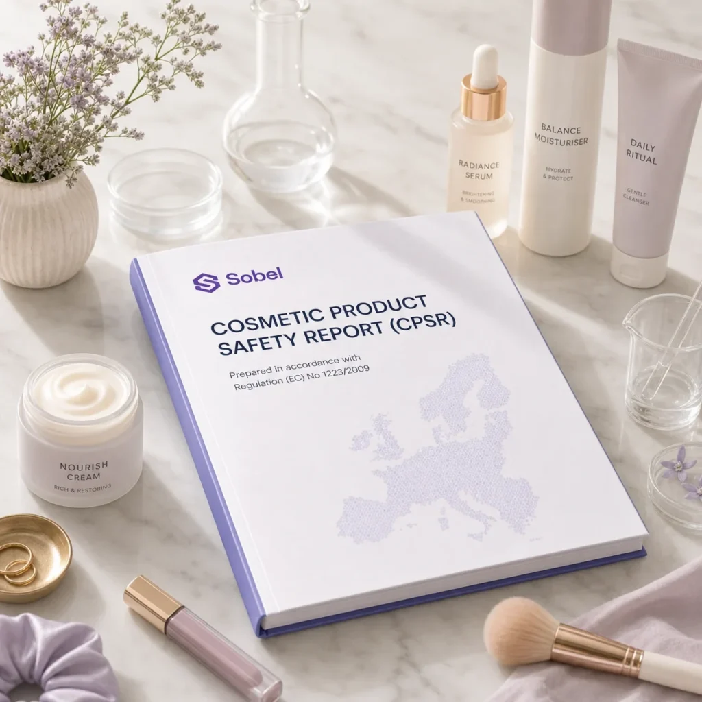 A table with cosmetics on it. In the center, a document with the words "Cosmetic Product Safety Report" written on it.