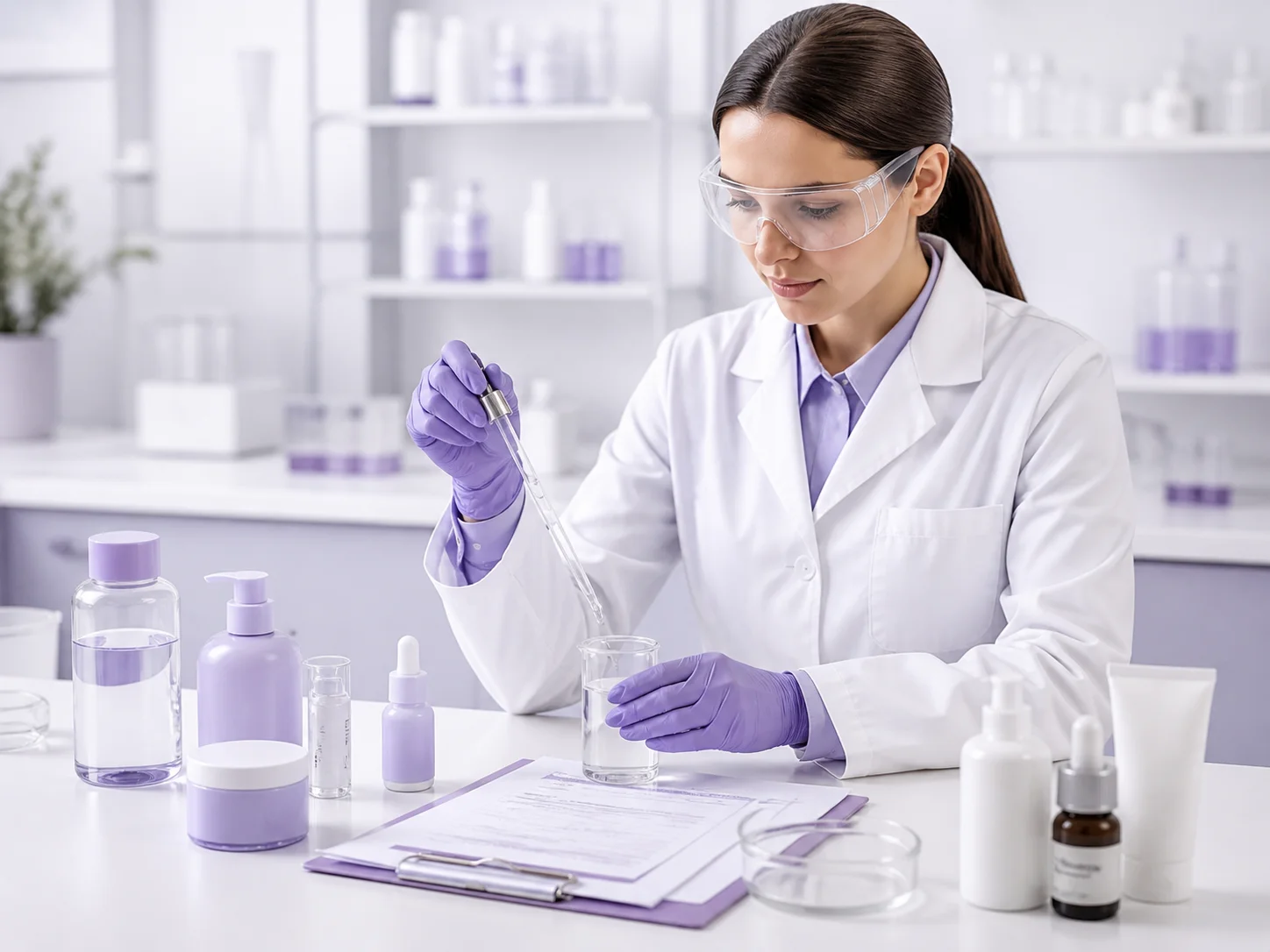 A female scientist working with chemicals. There are cosmetics on the table. She develops cosmetics.