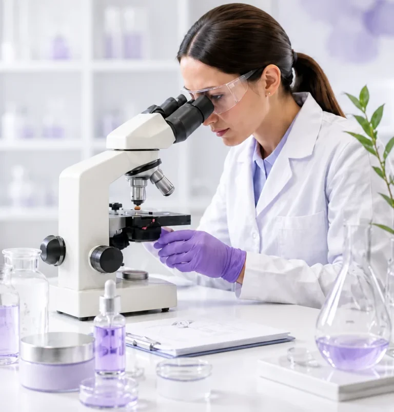 Specialist reviewing a cosmetic formulation in the lab