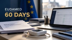 EUDAMED deadline 2026: desk with a laptop showing device registration data, technical documents and a medical device, with the message "EUDAMED 60 days"