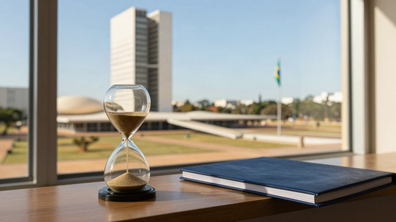 Ampulheta e pasta fechada numa janela com vista para Brasília e a bandeira do Brasil