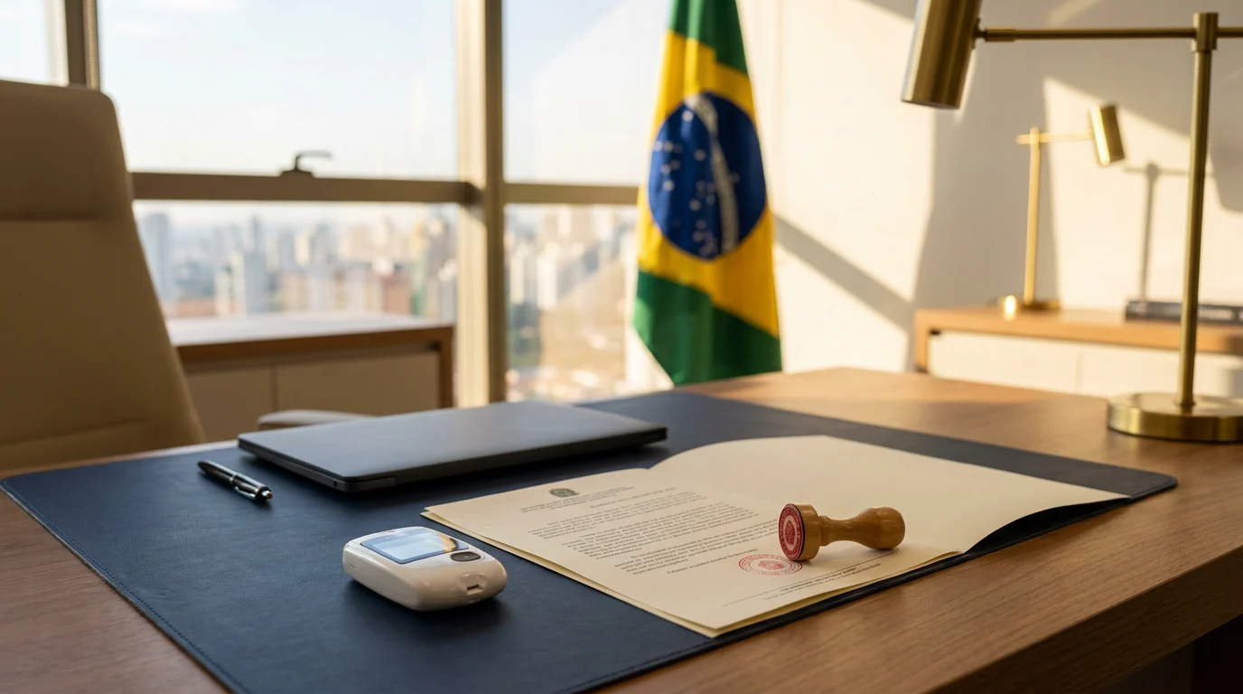 Ofício com carimbo de decisão sobre uma mesa de escritório, com um dispositivo médico e a bandeira do Brasil ao fundo