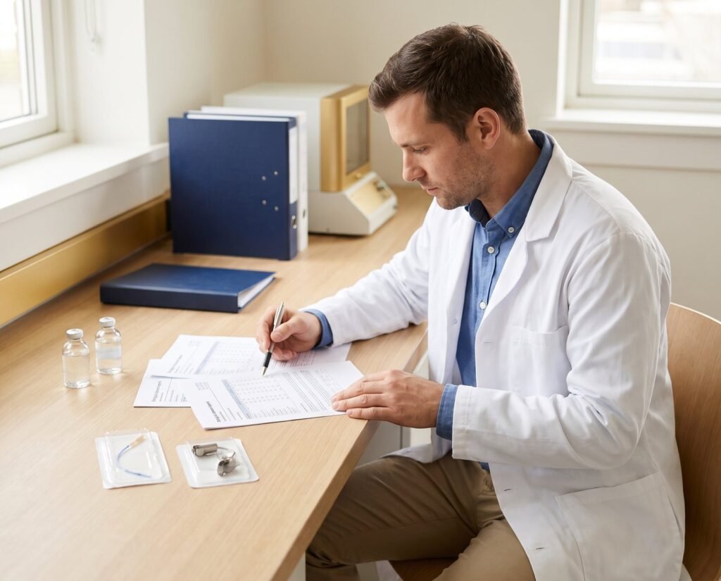 Scientist reviewing a biological evaluation report next to medical device samples