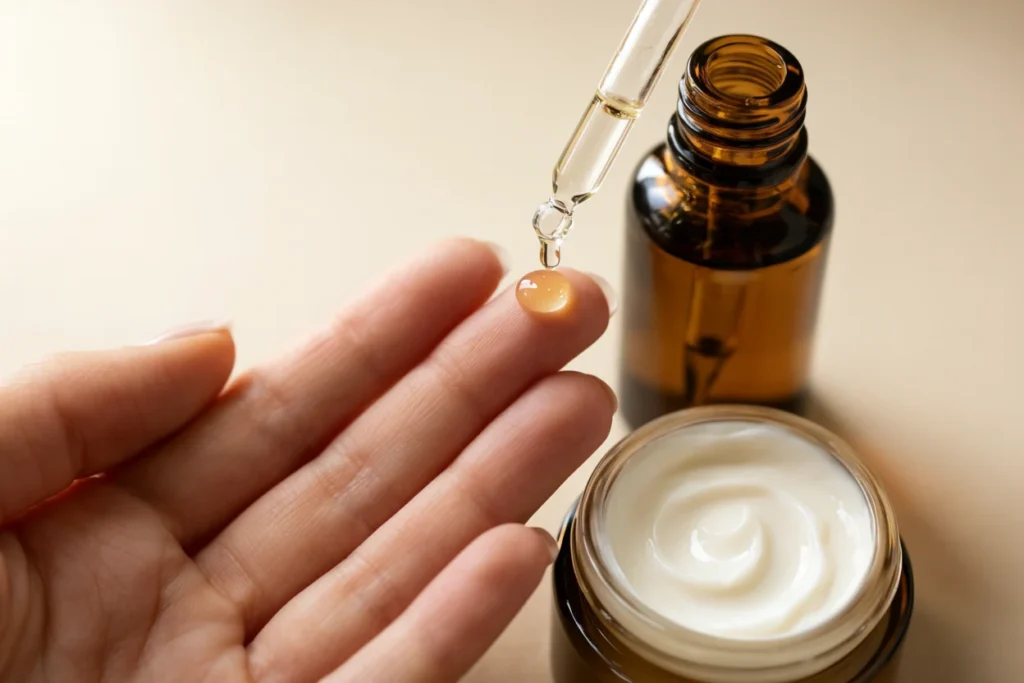 Hand receiving a drop of facial serum from a glass dropper
