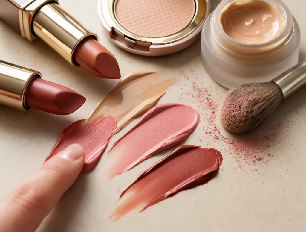 Makeup in use with foundation, blush and lipstick swatches
