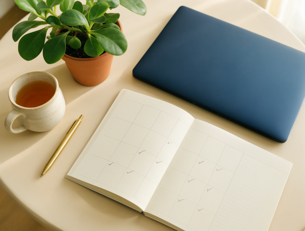 Open monthly planner with check marks, navy laptop and a cup of tea on a bright table