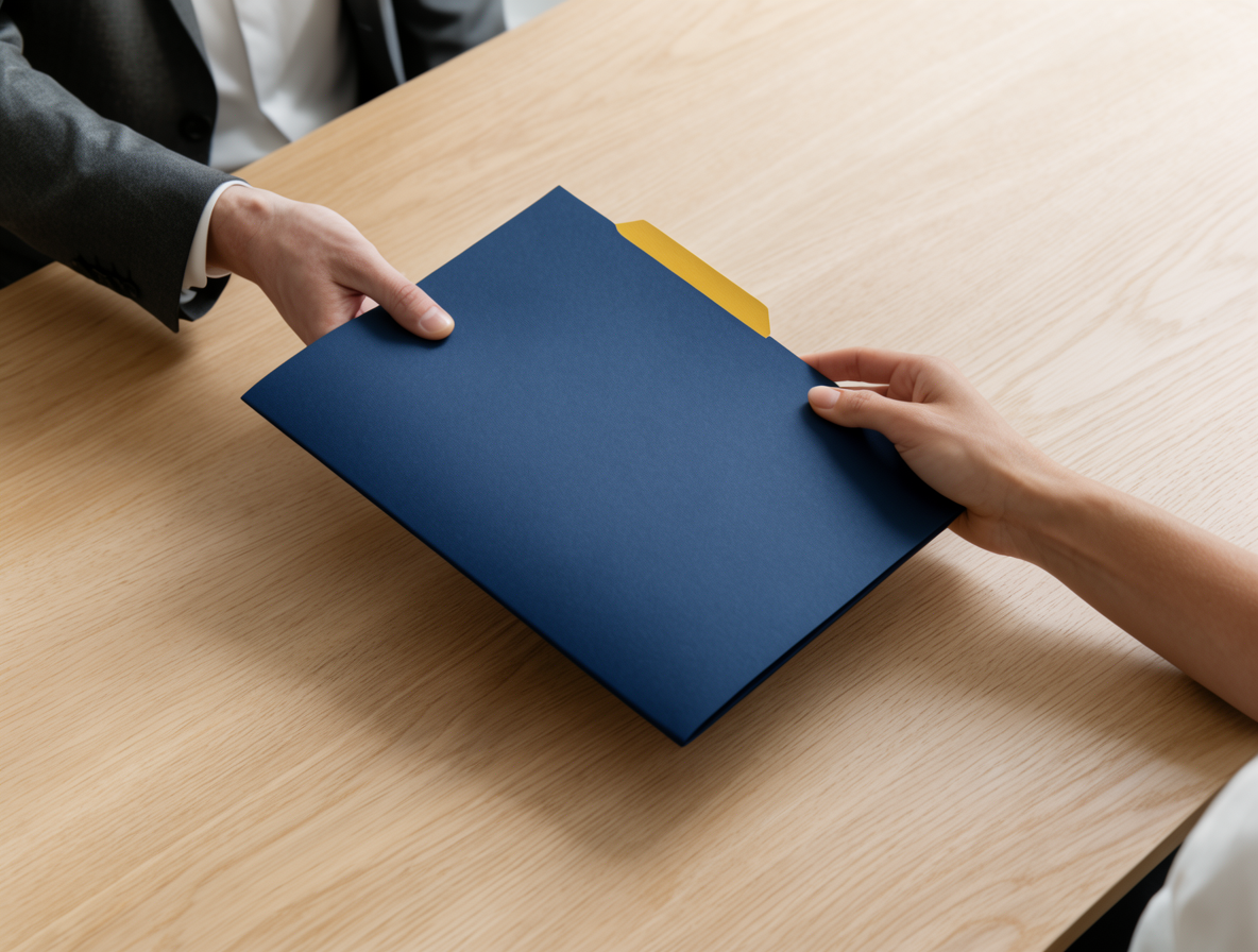 Two professionals passing a navy document folder across a light wooden table