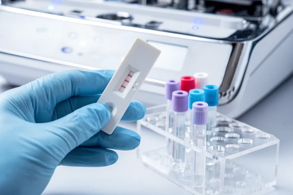 Gloved hand holding a rapid diagnostic test next to sample tubes