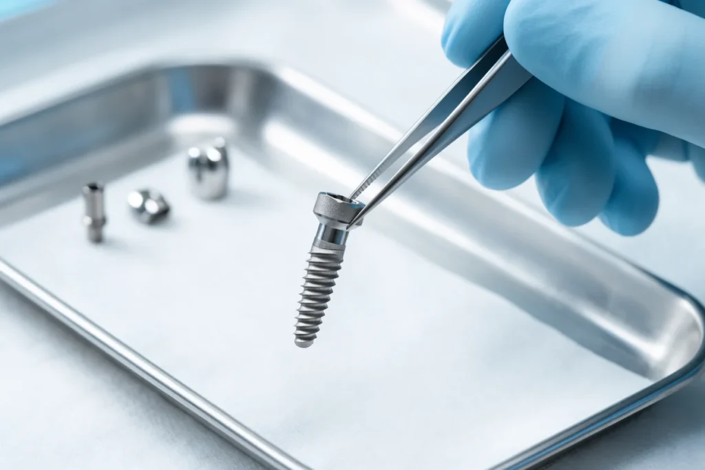 Gloved hand holding a titanium dental implant with precision tweezers