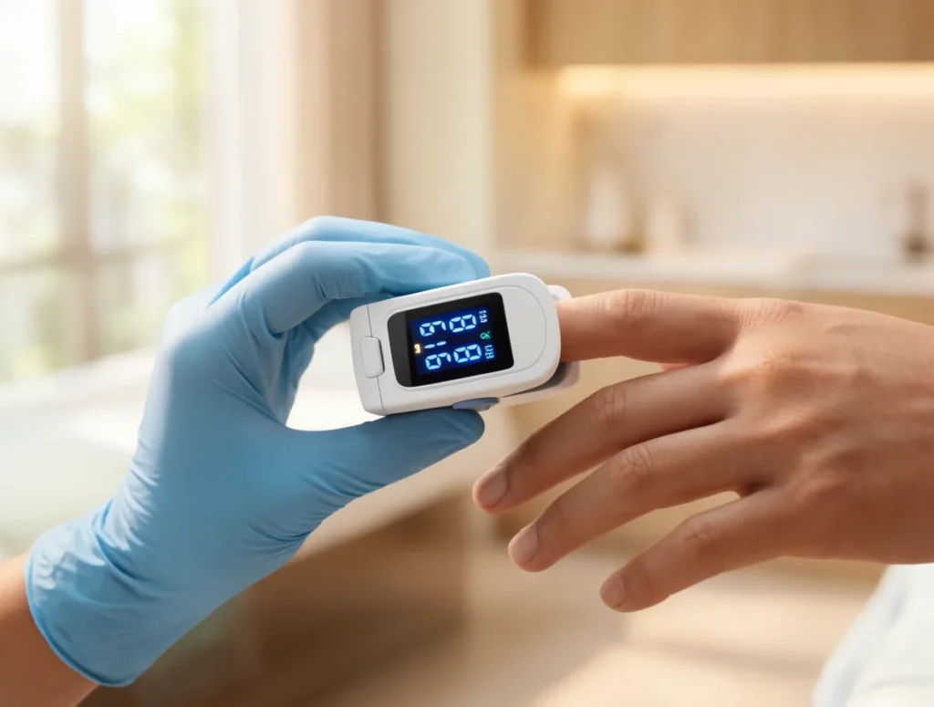 Gloved hand placing a pulse oximeter on a patient finger