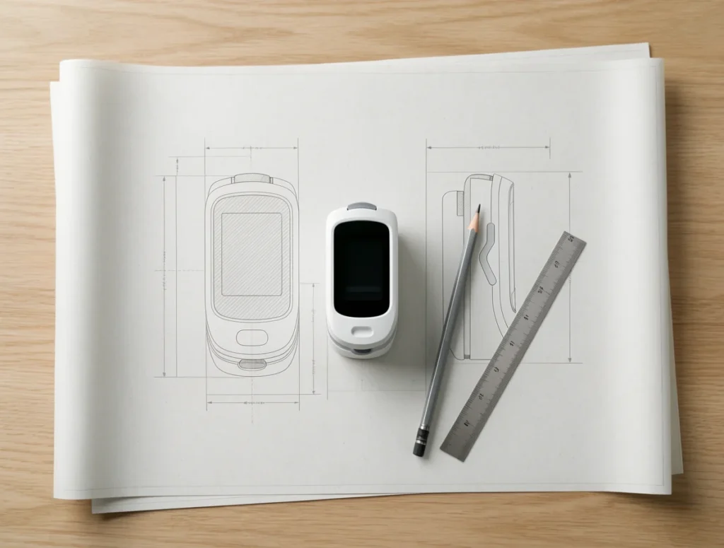 Pulse oximeter prototype placed on its open technical drawing