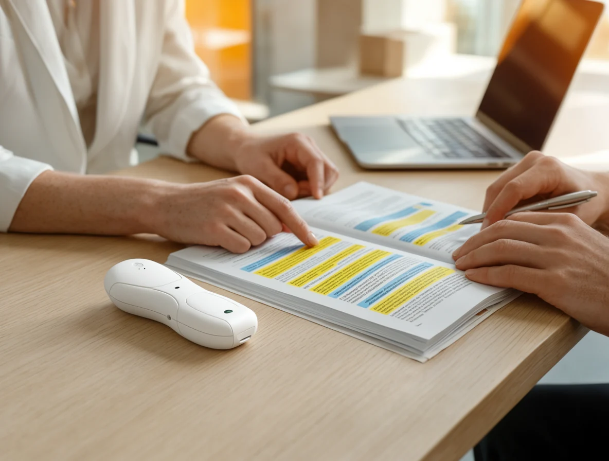 Specialists reviewing a technical document next to a medical device